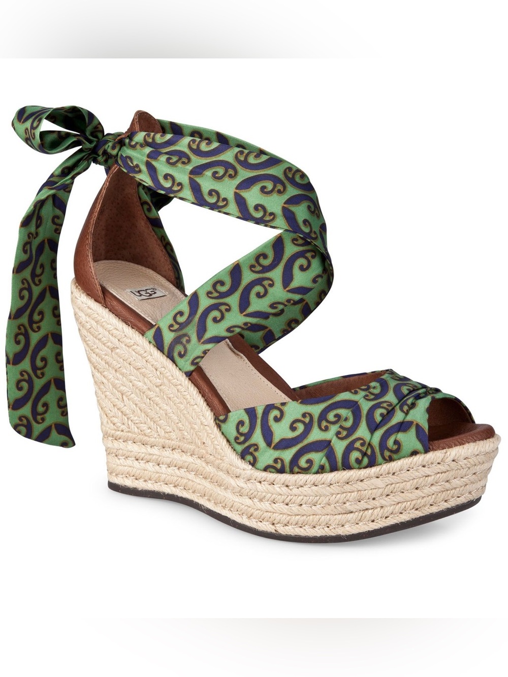 UGG Luciana Green Patterned Espadrille Wedge Sandals with Ribbon Ankle Wraps